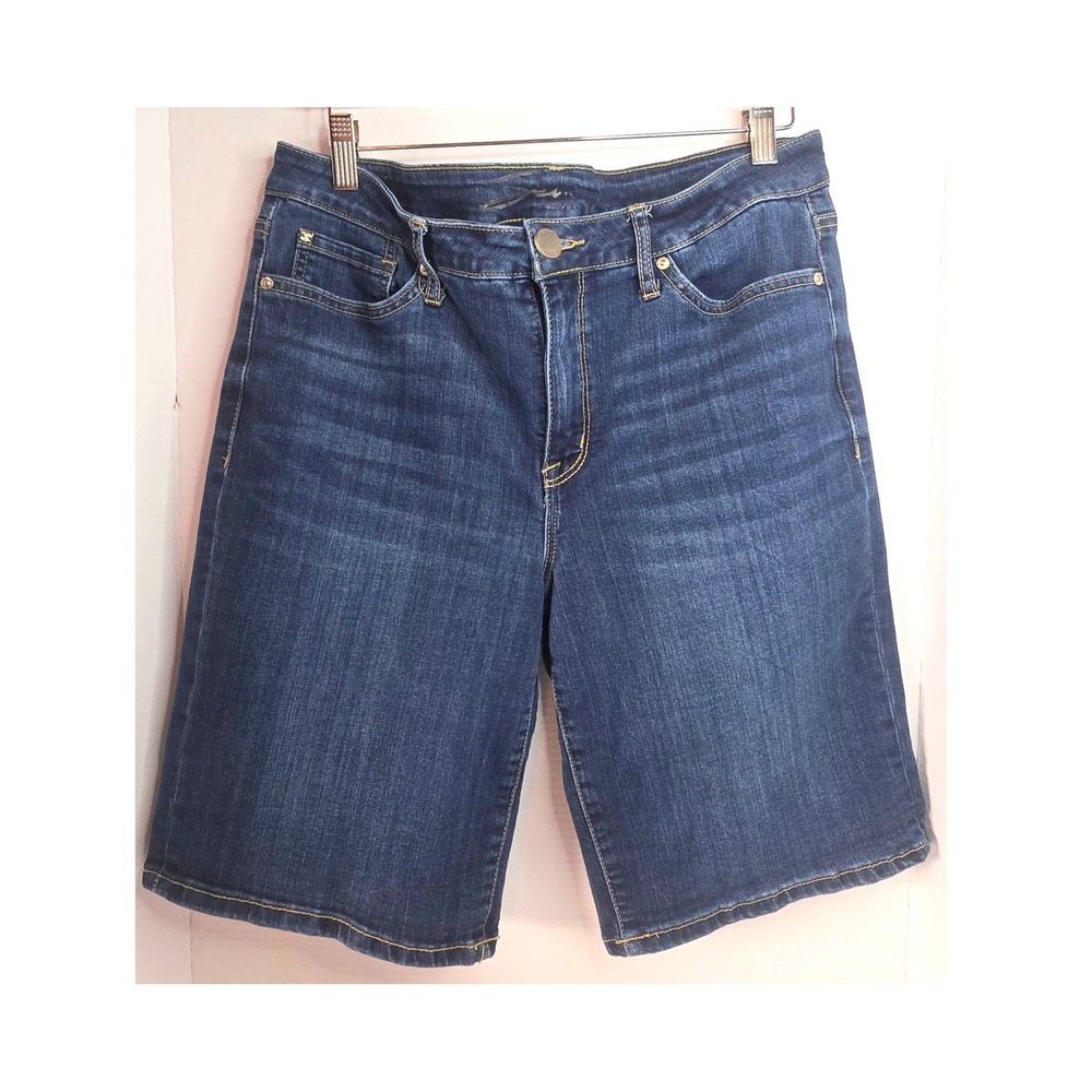 Seven7 Womens Denim Bermuda Shorts Dark Wash Size 14 Embroidered Pockets